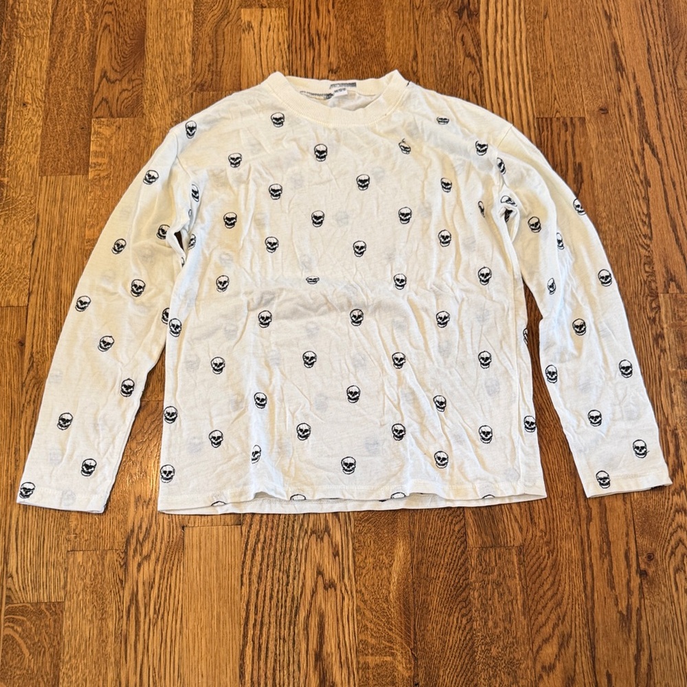 White Girl’s Long Sleeve Shirt with Black Skull Design Size Medium